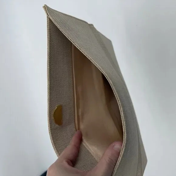 Vintage Beige Long Linen Fabric Envelope Clutch Bag Gold Tone - Picture 10 of 11